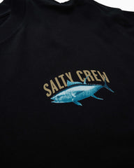 Black t-shirt with Salty Crew logo featuring a blue fish design on a white background