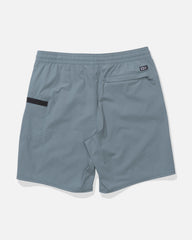 Gray shorts with a black patch on a white background