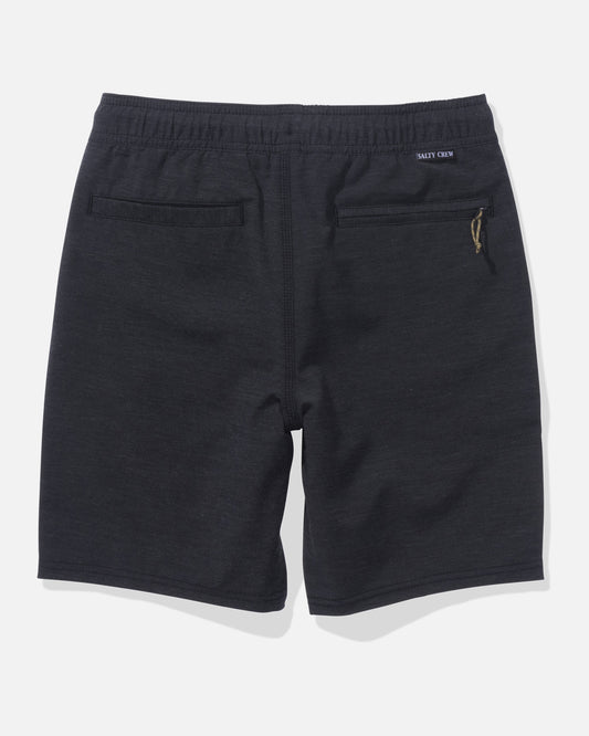 Black shorts with a brand logo on a white background