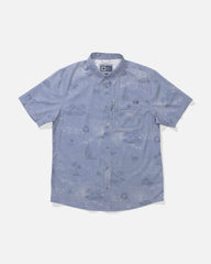 Blue patterned shirt on a white background