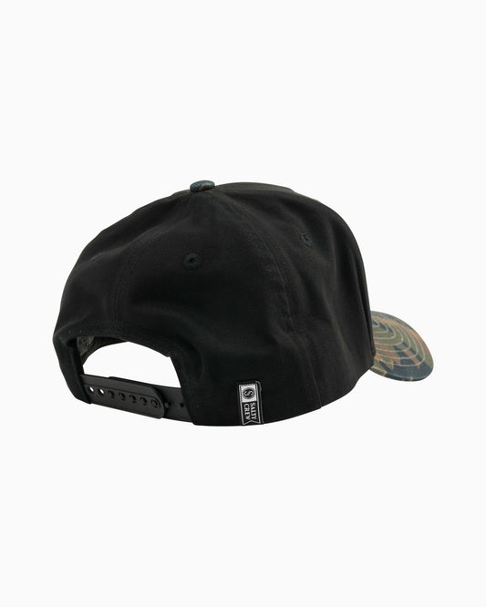 Black cap with a brand logo on a light gray background