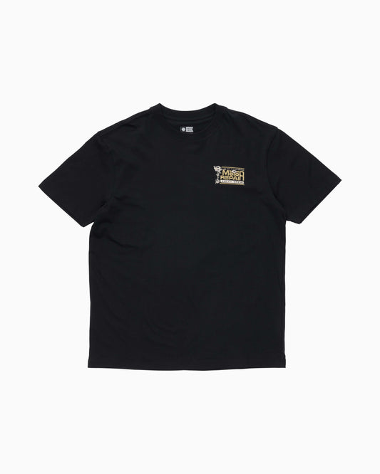 Black t-shirt with a small logo on the chest against a white background