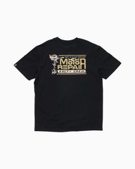 Black t-shirt with yellow and white graphic design on the back against a white background