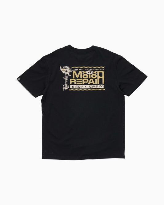 Black t-shirt with yellow and white graphic design on the back against a white background