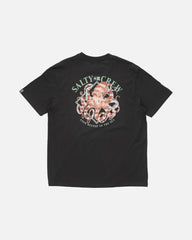 Black t-shirt with Salty Crew octopus graphic on a white background