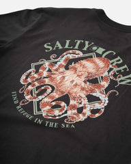 Black t-shirt with a colorful octopus graphic and 'Salty Crew' text on a gray background