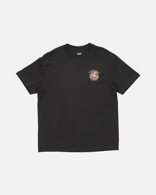 Black t-shirt with a small graphic on a white background