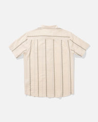 A short-sleeve button-up shirt in a light cream or off-white fabric, shown from the back. It features vertical stitched pinstripes and horizontal stitched details across the shoulders and upper back.