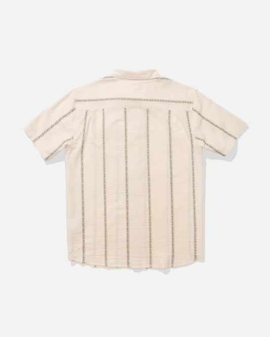 A short-sleeve button-up shirt in a light cream or off-white fabric, shown from the back. It features vertical stitched pinstripes and horizontal stitched details across the shoulders and upper back.