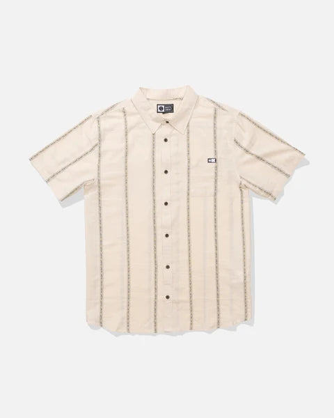 A short-sleeve button-up shirt in cream with vertical tan stripes, laid flat against a light gray background.