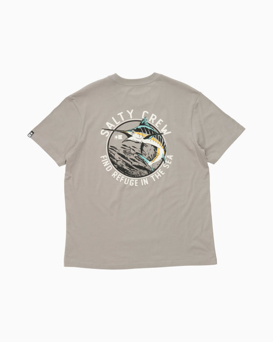 A light taupe gray short-sleeve t-shirt shown from the back, featuring a circular graphic print of a marlin and the text 'SALTY CREW' and 'HIDE REFUGE IN THE SEA'.