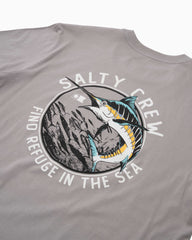 Gray t-shirt with Salty Crew logo featuring a fish and text on a white background