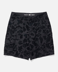 Black and dark gray camouflage cargo shorts with a visible 'SALTY CREW' brand label on the waistband, displayed flat against a light gray background.