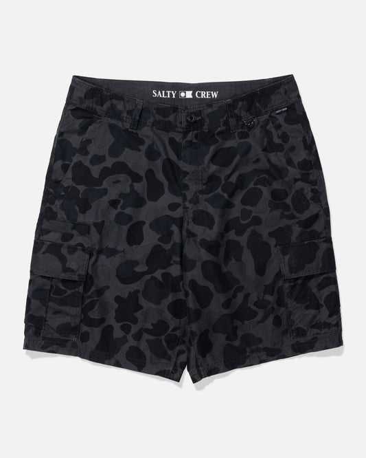 Black and dark gray camouflage cargo shorts with a visible 'SALTY CREW' brand label on the waistband, displayed flat against a light gray background.