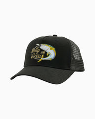A black trucker hat with a curved brim, black mesh back, and a front patch featuring a yellow and white bass graphic with the text 'Salty Crew'.