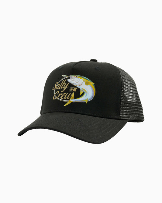 A black trucker hat with a curved brim, black mesh back, and a front patch featuring a yellow and white bass graphic with the text 'Salty Crew'.
