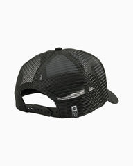 Black trucker hat with a mesh back and adjustable snap closure, shown from a rear three-quarter angle on a white background.