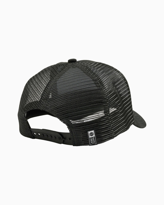 Black trucker hat with a mesh back and adjustable snap closure, shown from a rear three-quarter angle on a white background.