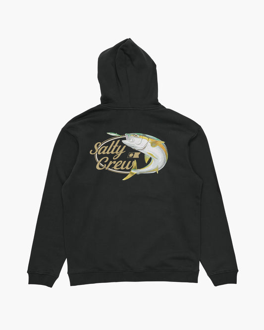 A black pullover hoodie shown from the back, featuring a large graphic print of a marlin and the text 'Salty Crew' in gold and white.