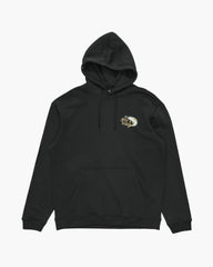 A black pullover hoodie with a small embroidered graphic on the left chest, displayed against a solid white background.