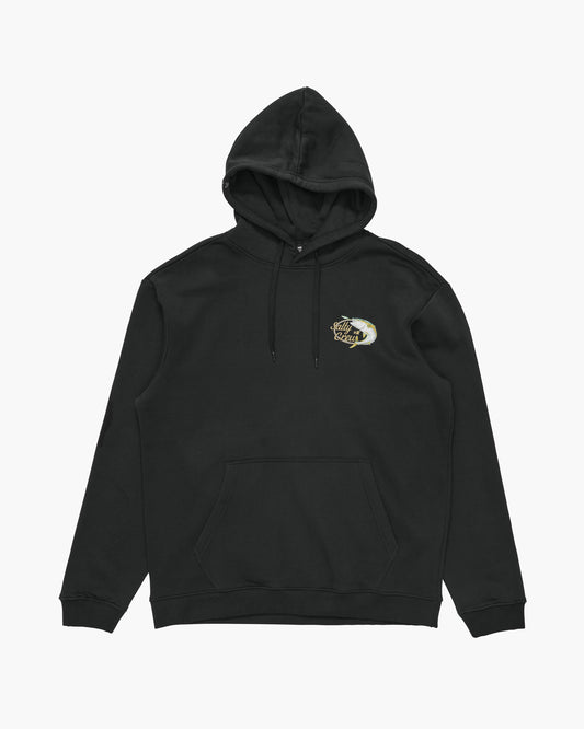 A black pullover hoodie with a small embroidered graphic on the left chest, displayed against a solid white background.