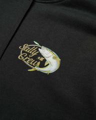 Close-up of a black hoodie featuring a colorful embroidered graphic on the chest. The design shows a silver and yellow fish jumping out of a gold oval frame with the text 'Salty Crew' written in gold script.