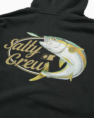 Close-up of a black hoodie featuring a large graphic print of a fish holding a lure, with the words 'Salty Crew' in gold script.
