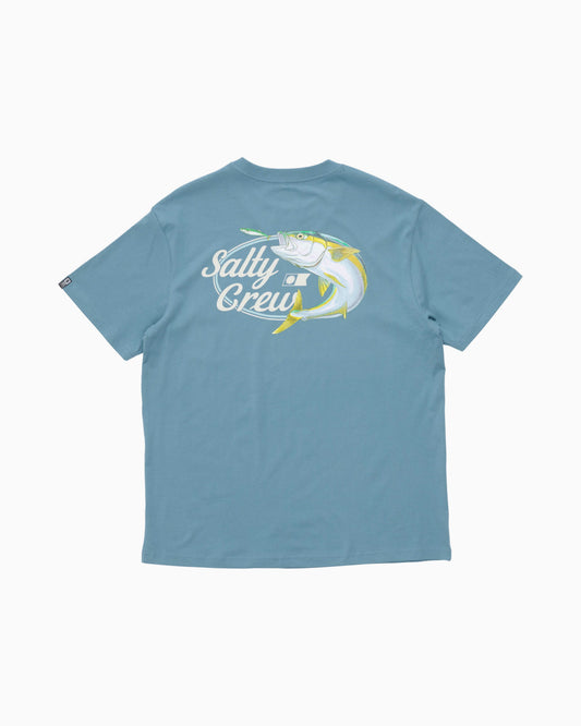 A light blue crewneck t-shirt with a 'Salty Crew' graphic featuring a yellow and white marlin on the chest, displayed flat against a white background.
