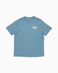 A light blue crewneck t-shirt with a small multicolor graphic on the left chest, displayed flat against a clean white background.