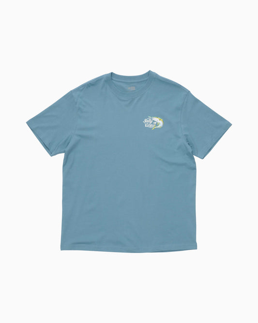 A light blue crewneck t-shirt with a small multicolor graphic on the left chest, displayed flat against a clean white background.