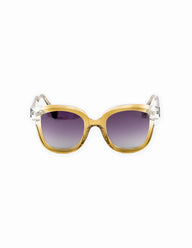 Gold-framed sunglasses with purple gradient lenses on a white background