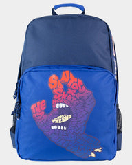 Blue backpack with a colorful graphic design on a white background