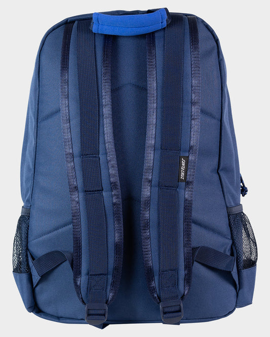Blue backpack with visible brand logo on a light gray background