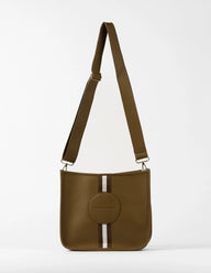Brown leather shoulder bag with a strap on a white background