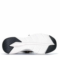 Black athletic shoe with white sole on a white background