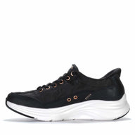 Black running shoe with white sole on a white background