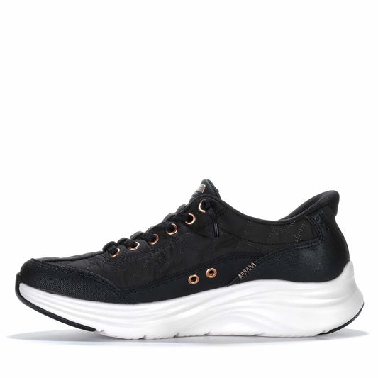 Black running shoe with white sole on a white background