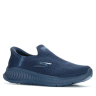 Navy slip-on shoe with brand logo on a white background