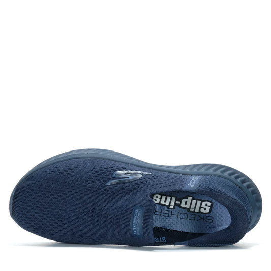Navy blue shoe with 'Skechers' branding on a white background