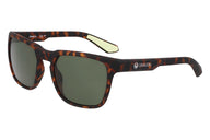 Sunglasses with tortoiseshell frame and green lenses on a white background