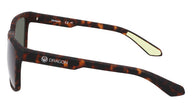 Sunglasses with tortoiseshell frame and green lenses on a white background