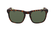Sunglasses with tortoiseshell frame and green lenses on a white background