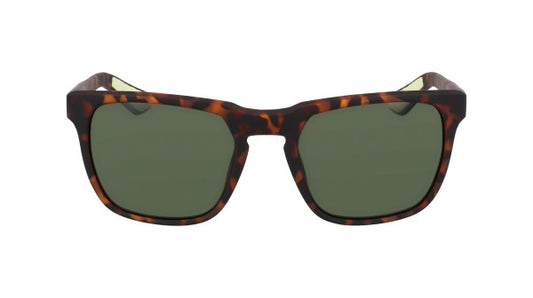 Sunglasses with tortoiseshell frame and green lenses on a white background