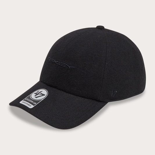 Black cap with a brand logo on a light gray background