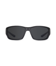 Black wrap-around sunglasses with dark gray lenses, shown from the front on a plain white background.