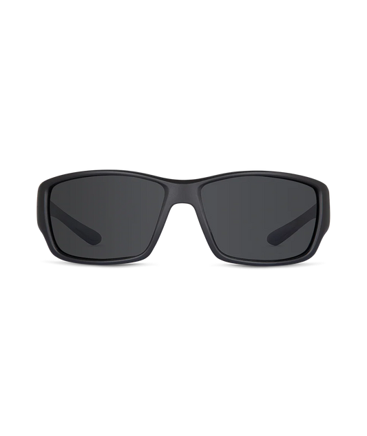Black wrap-around sunglasses with dark gray lenses, shown from the front on a plain white background.
