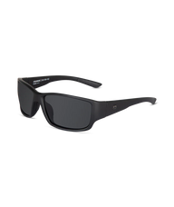 Black wrap-around sunglasses with dark lenses, shown at a three-quarter angle on a plain white background.