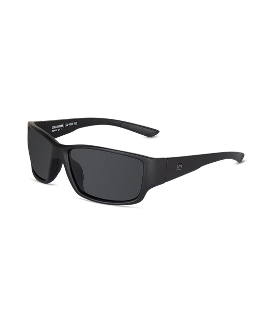 Black wrap-around sunglasses with dark lenses, shown at a three-quarter angle on a plain white background.