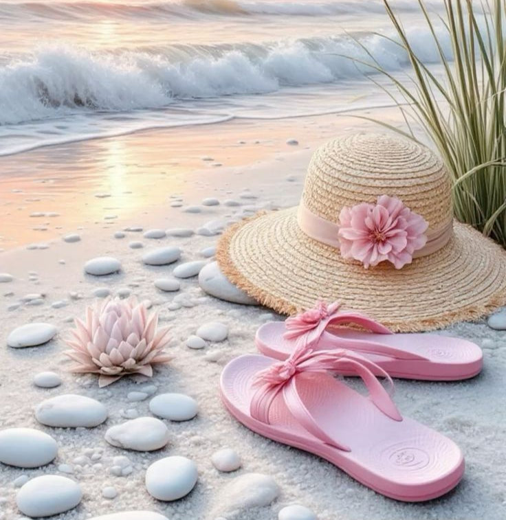 Pink sandals and straw hat with a flower on a beach at sunset