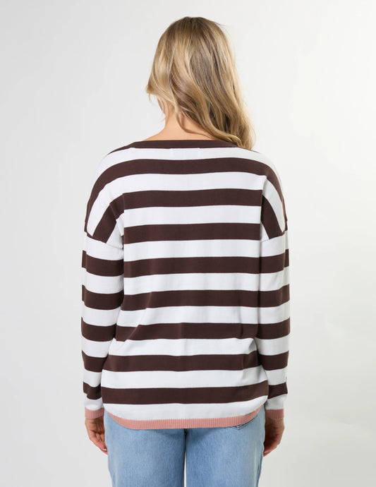 Person wearing a brown and white striped sweater on a plain background